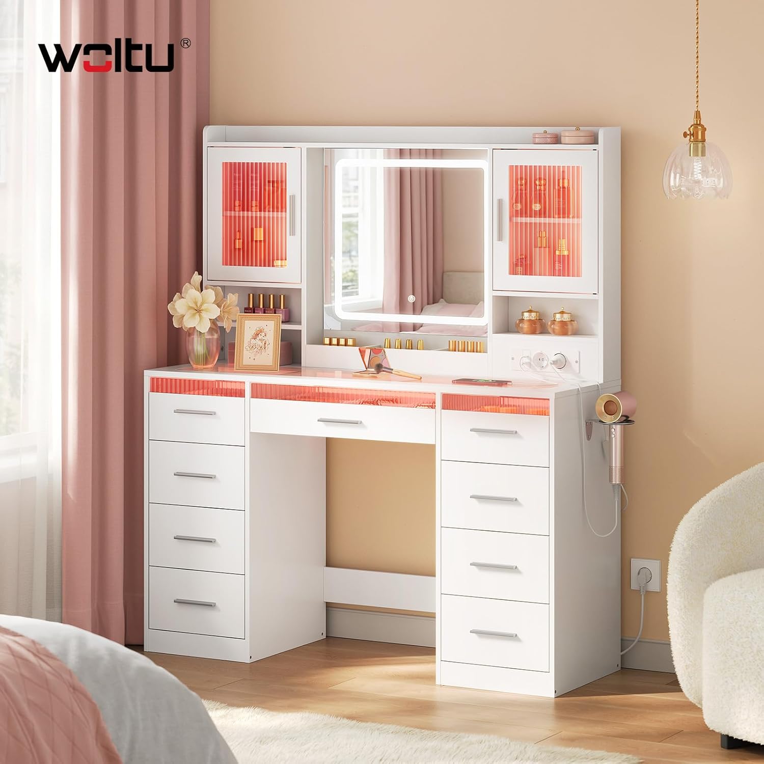WOLTU Coiffeuse avec Plateau en Verre Miroir, Grande Coiffeuse avec LED Réglable, 9 Tiroirs, Prise de Courant, Blanc - 2