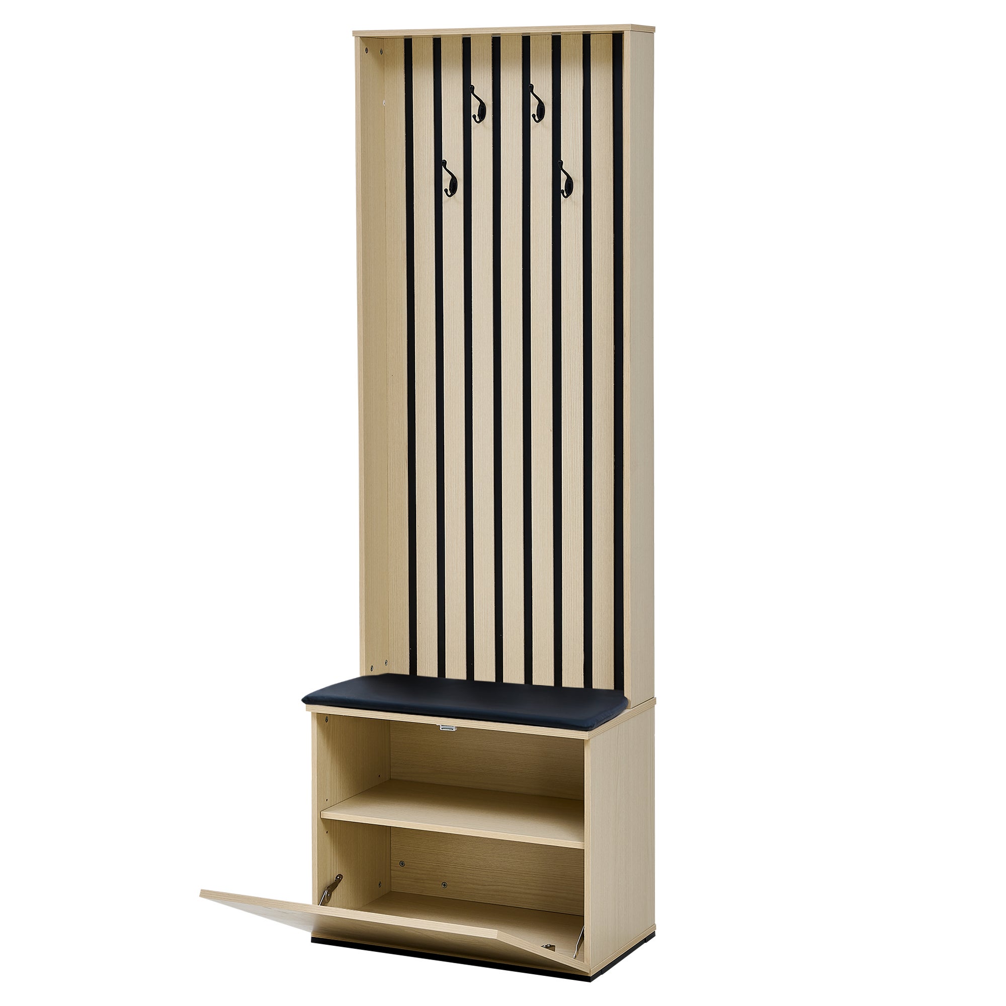 Ensemble vestiaire d'entrée 61x35x179,5 cm - Avec banc et meuble à chaussures - 1 porte abattante - Avec 4 crochets - Naturel - 2