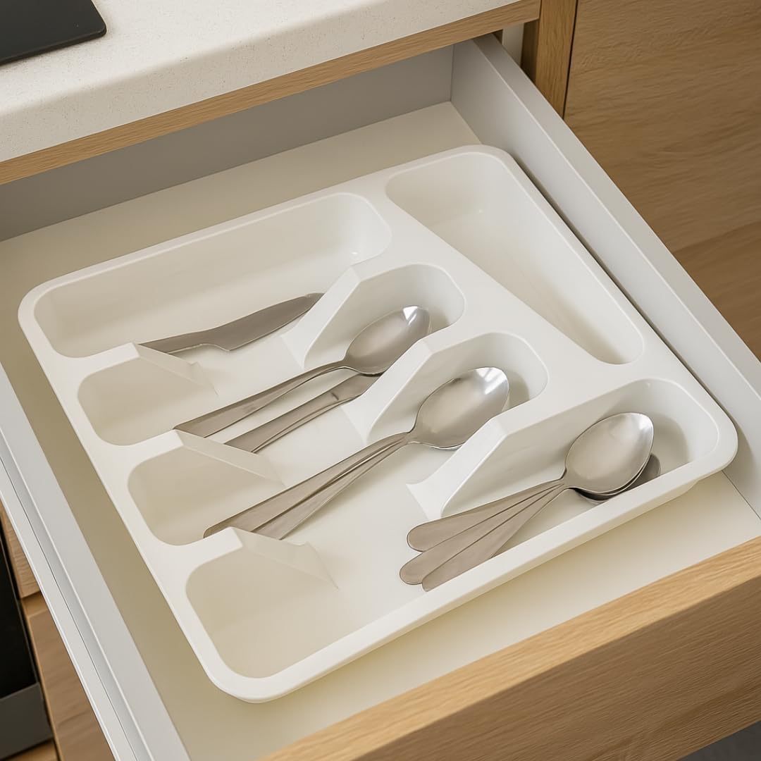 Organiseur de couverts à 5 compartiments - Organiseur de tiroir de cuisine en plastique 33 x 26 x 5 cm - Plateau de rangement pour fourchettes - 2
