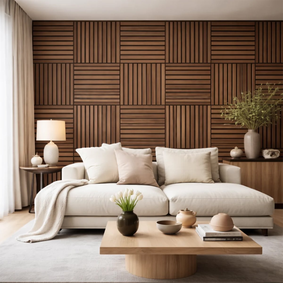 Painel decorativo de ripas em MDF com feltro PET, conjunto de 12 peças 60x60 cm, revestimento de parede com absorção acústica, cor nogueira clara - 2