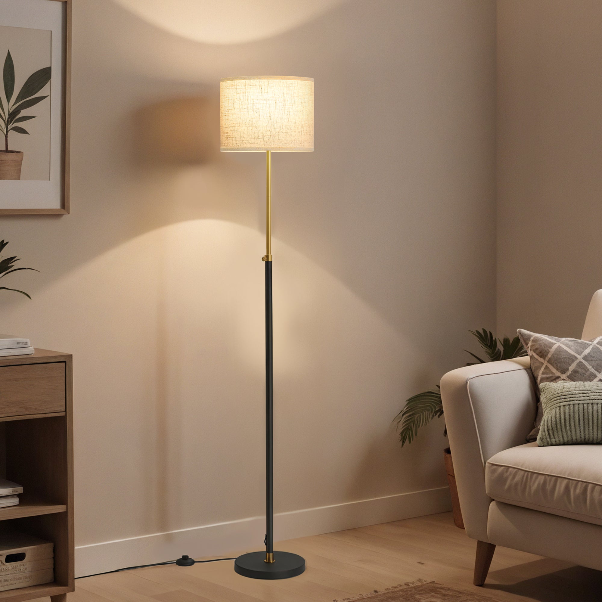 Lampe sur Pied, Douille E27, Hauteur Réglable de 140 à 170 cm, Interrupteur au Pied, Abat-Jour en Tissu, Doré et Noir - 3