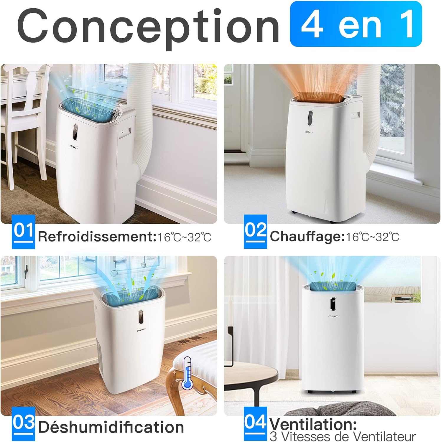 Climatiseur Mobile 5 EN 1 Silencieux 14000BTU, Refroidisseur d'Air, Climatiseur Portable, Chauffage, Ventilateur [Classe énergétique A] - 2