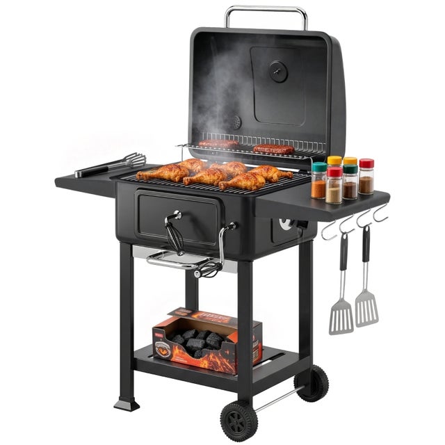 Barbecue fumoir à charbon de bois avec couvercle, thermomètre, bac à charbon réglable en hauteur, cheminée d'allumage, tablette latérale