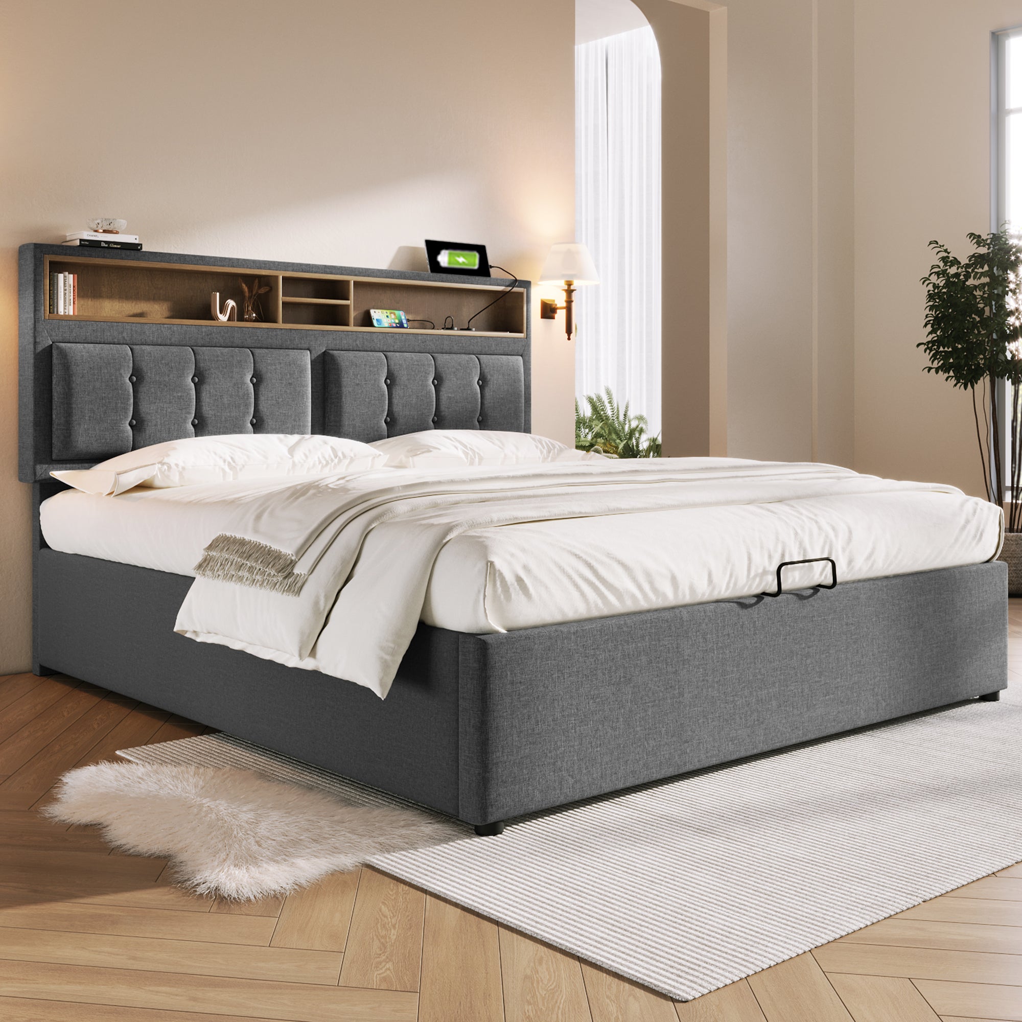Tapicerowane łóżko dla dorosłych z 4 szufladami i portem USB do ładowania - 160x200cm - Pościel - Szary