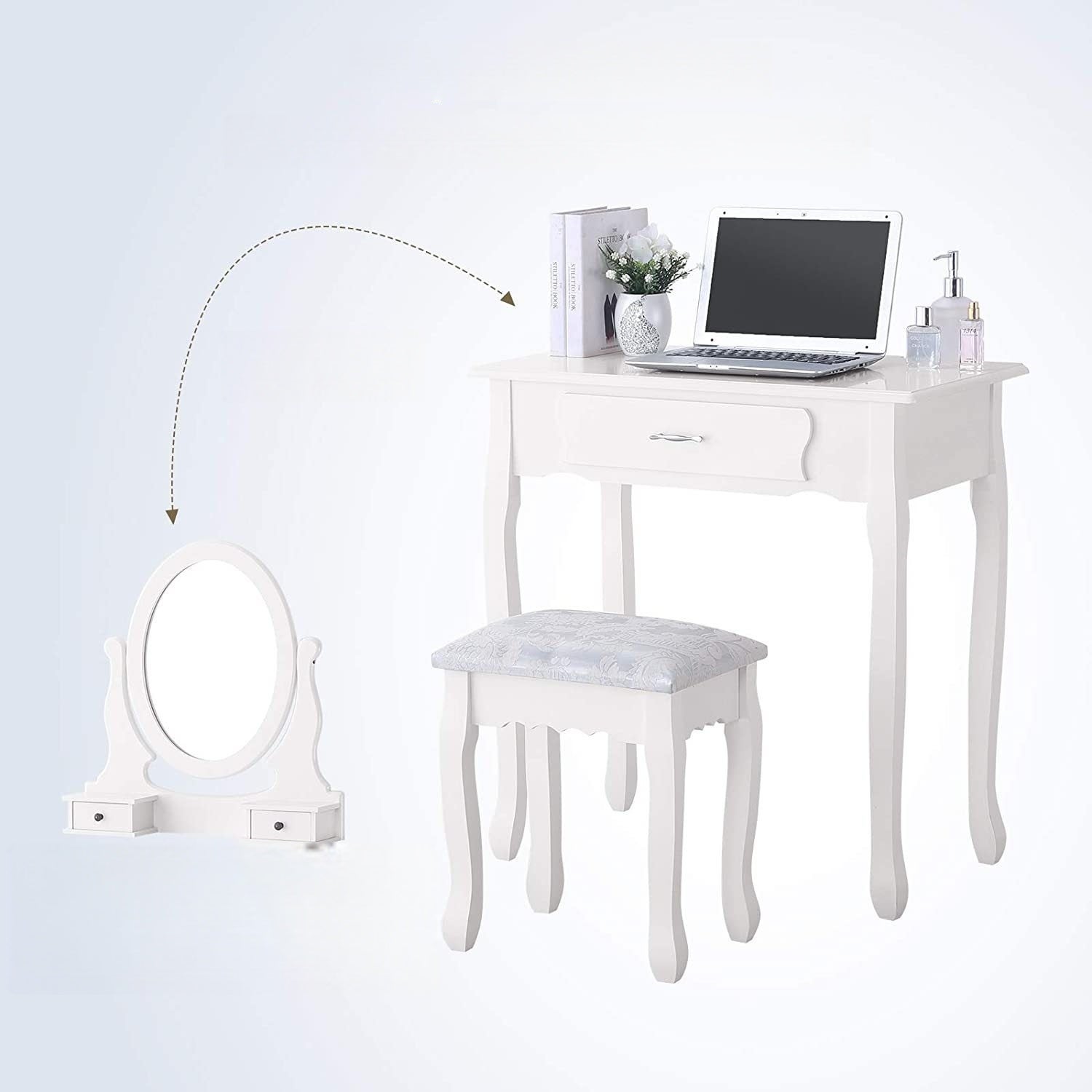 Coiffeuse avec miroir à 360°, 3 tiroirs, 1 tabouret rembourré, miroir amovible, MDF, 40x75x136 cm, style Scandinave - blanc - 4