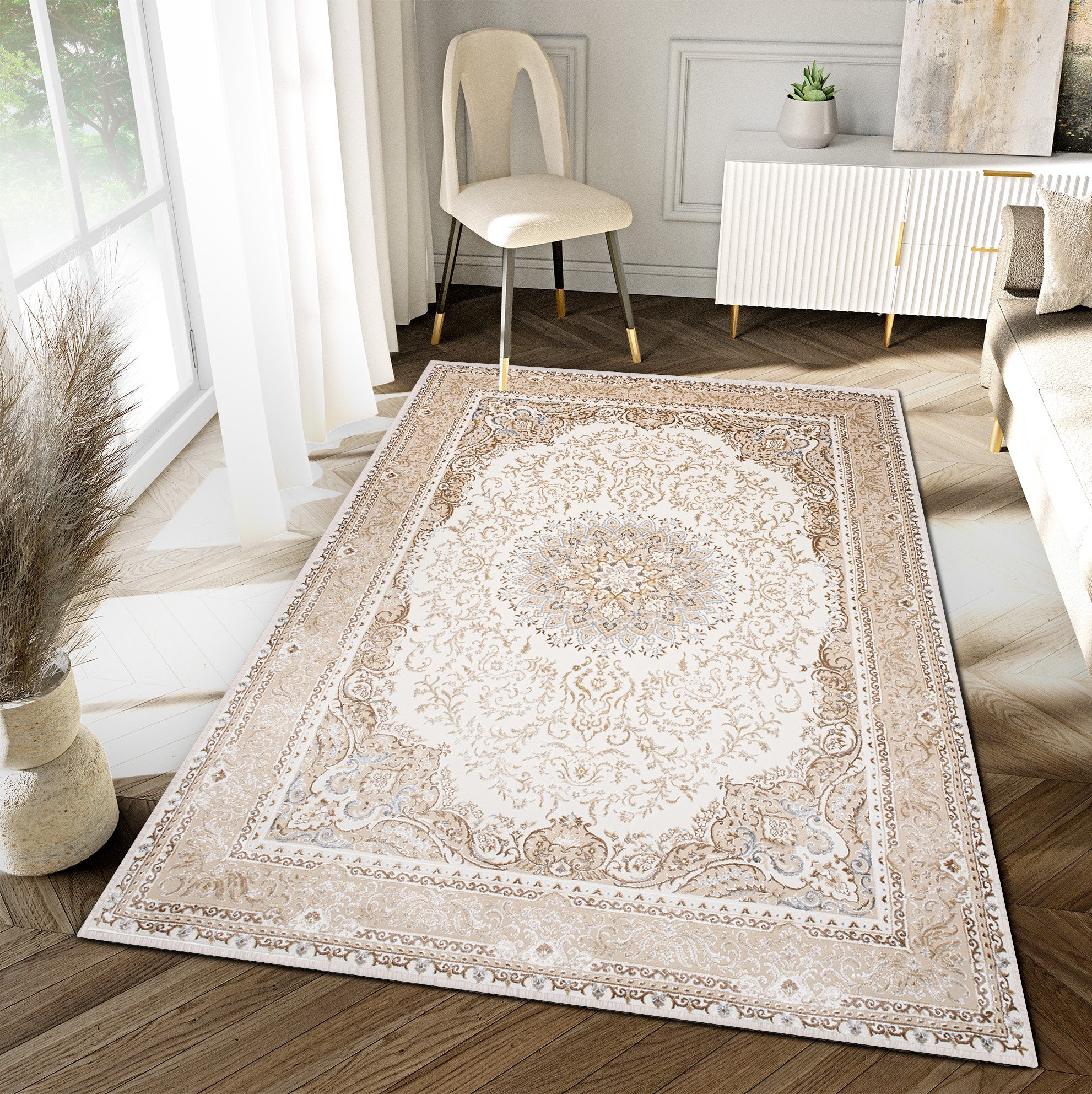 Tapiso hera alfombra de pelo corto brillante efecto 3d crema beige marrón diseño clásico persa oeko-tex 80 x 150 cm