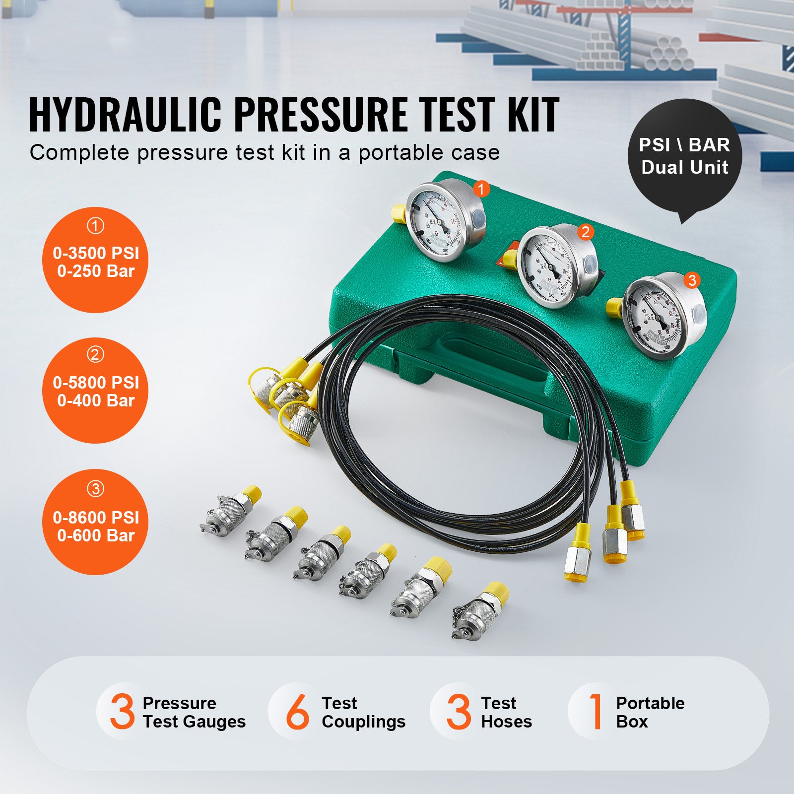 Kit de test de pression hydraulique,SucceBuy 250/400/600 bar,3 manomètres,6 raccords,3 tuyaux,kit pour excavatrice,mallette portable - 4