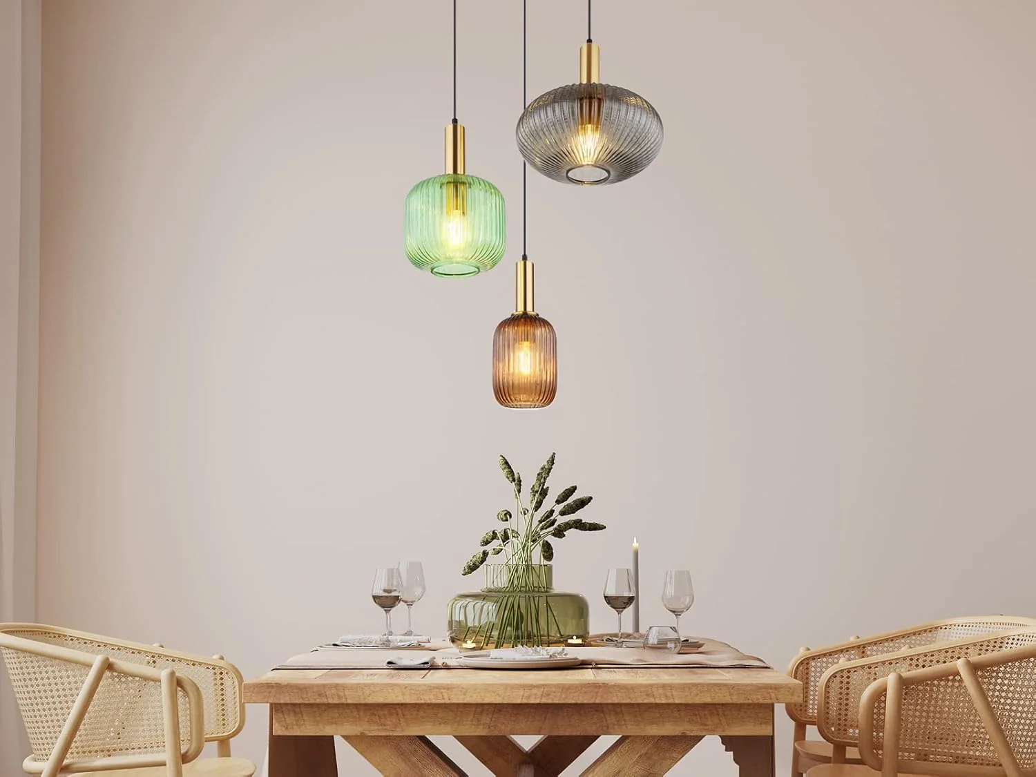 Suspension unique avec 3 abat-jours en verre cannelé, multicolore, diamètre 125 cm - 4