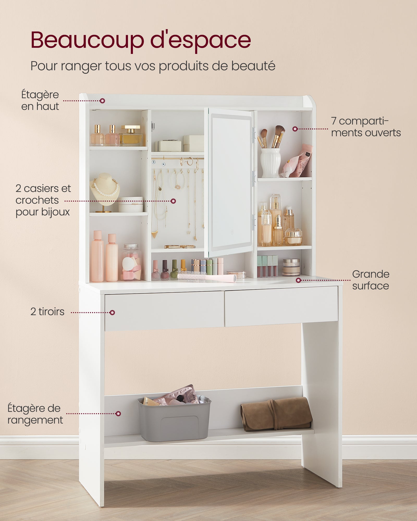 Coiffeuse avec Miroir LED, 3 Couleurs, 2 Tiroirs, Style Moderne, 90 x 40 x 144,7 cm, Étagère de Rangement, Blanc - 2