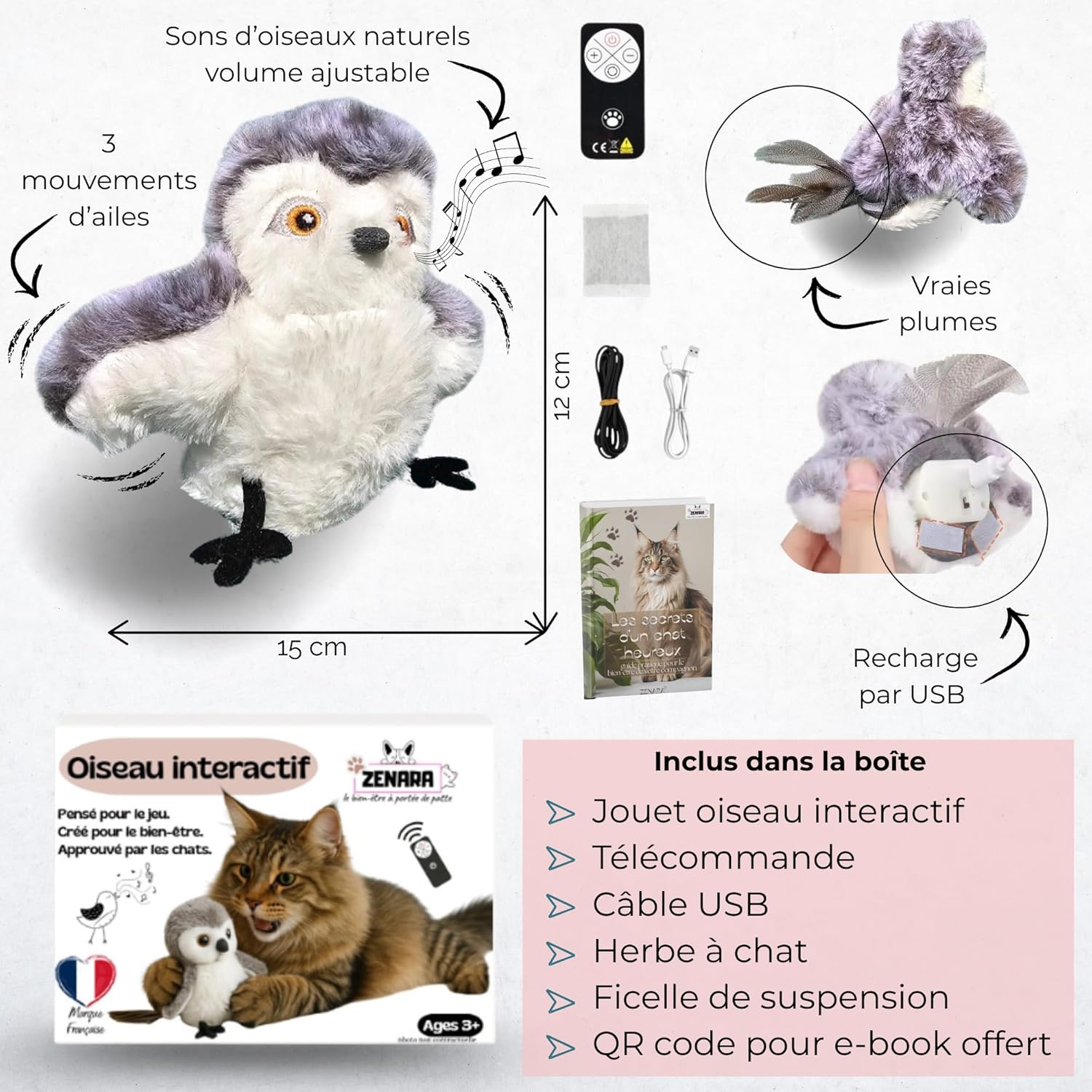 Jouet interactif pour chat - Oiseau volant avec battements d'ailes et gazouillis réalistes - Rechargeable par USB - Herbe à chat - 6