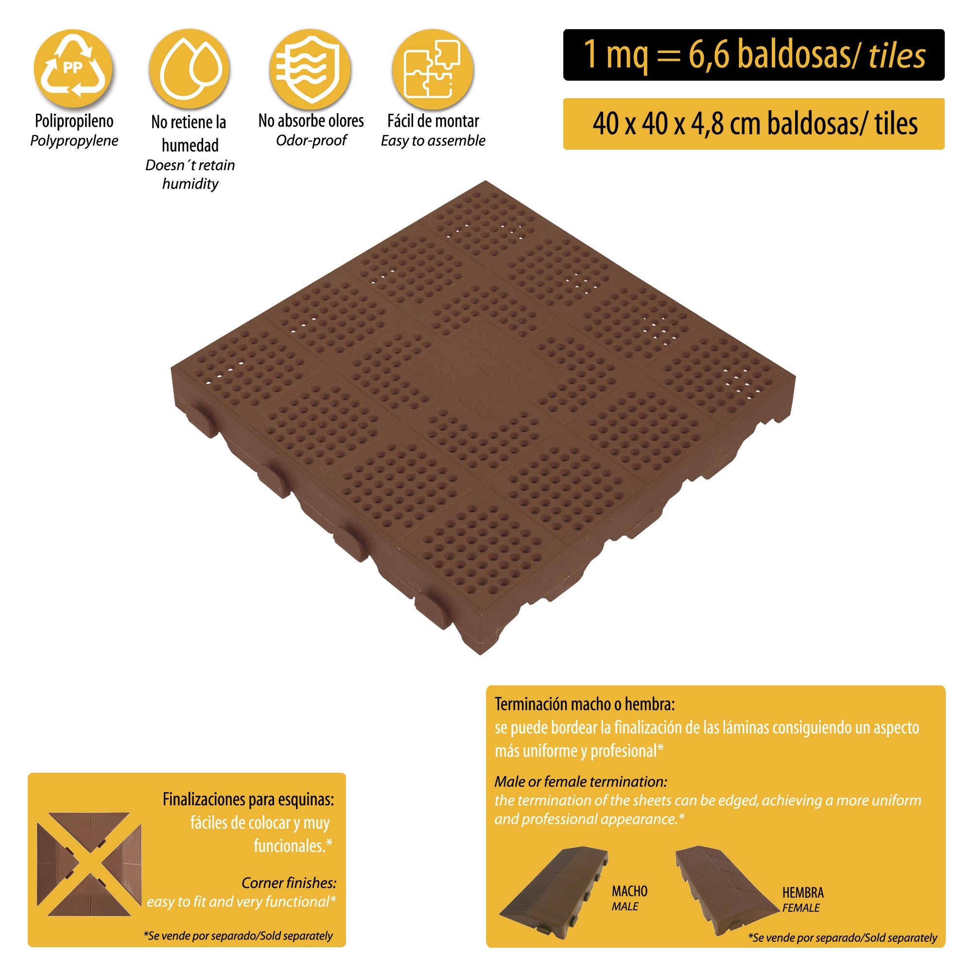 Pack de 6 dalles de sol extérieur en nid d'abeille en plastique mesurant 39x39x4,8 cm. Superficie totale 0,9m² COMBI - Marron - 3