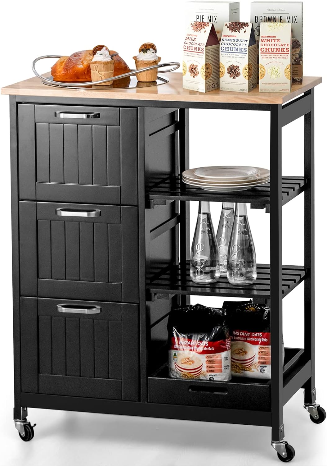 Carrello Da Cucina RELAX4LIFE Con Cassetti E Portabottiglie – 3 Ante, 3 Porta Vino, Ruote 360°, 67x37x85 Cm