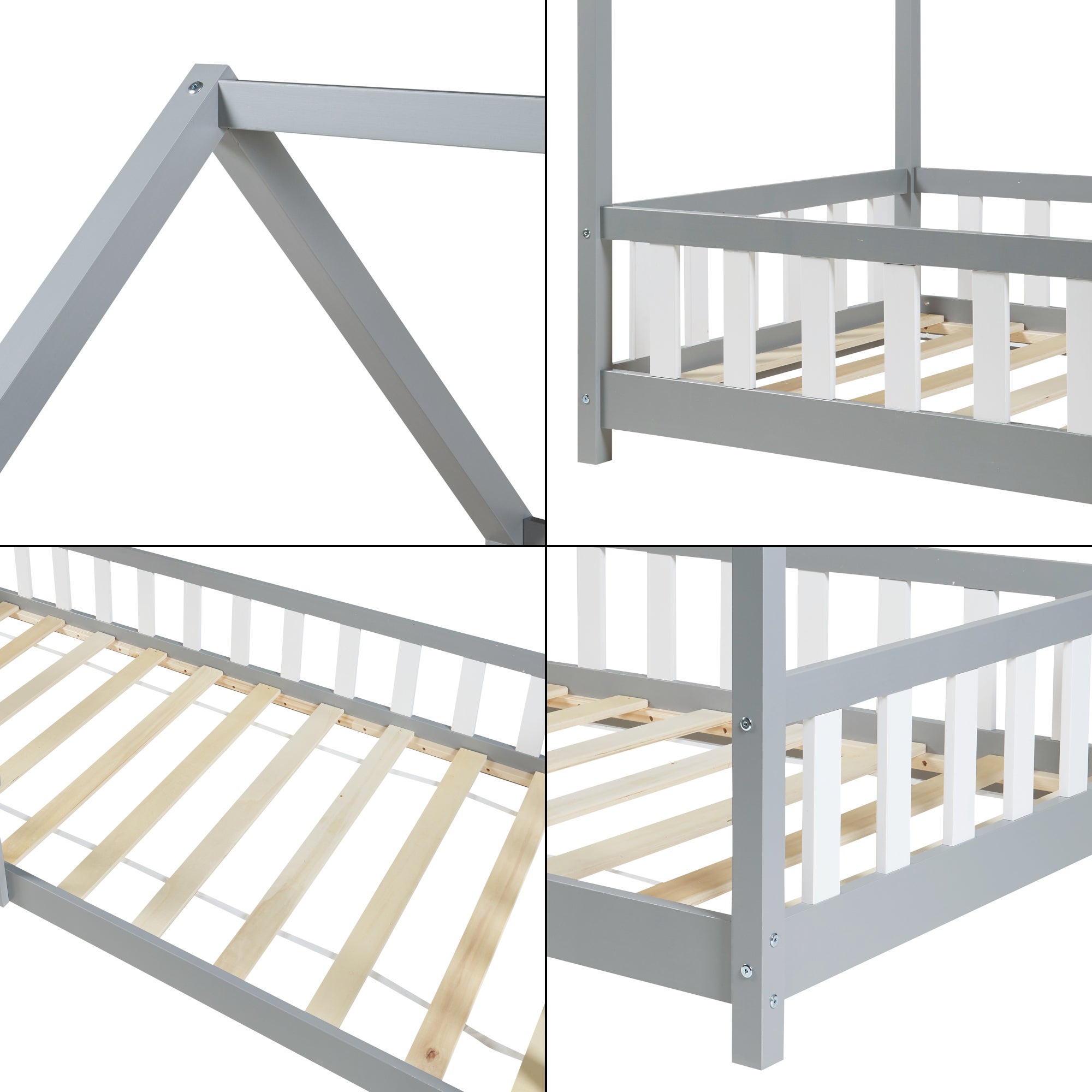 Cama infantil Hesel en forma de casa pino con reja 90x200cm - Gris [en.casa] - 6