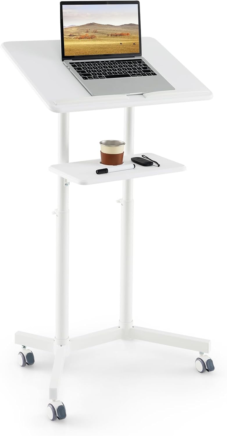 Pulpit Konferencyjny 105-128 cm, Mobilny Pulpit na Laptopa, Stojący Stolik Komputerowy na Kółkach, Mównica z Regałem do Przechowywania (Biały)
