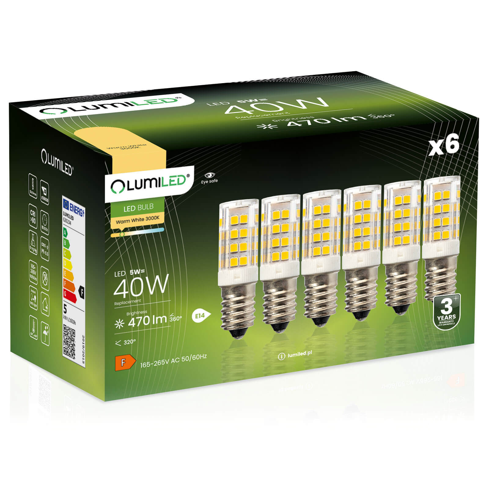 6x Żarówka Lumiled LED E14 Tubularna T25 5W = 40W 470lm 3000K Ciepła 320st