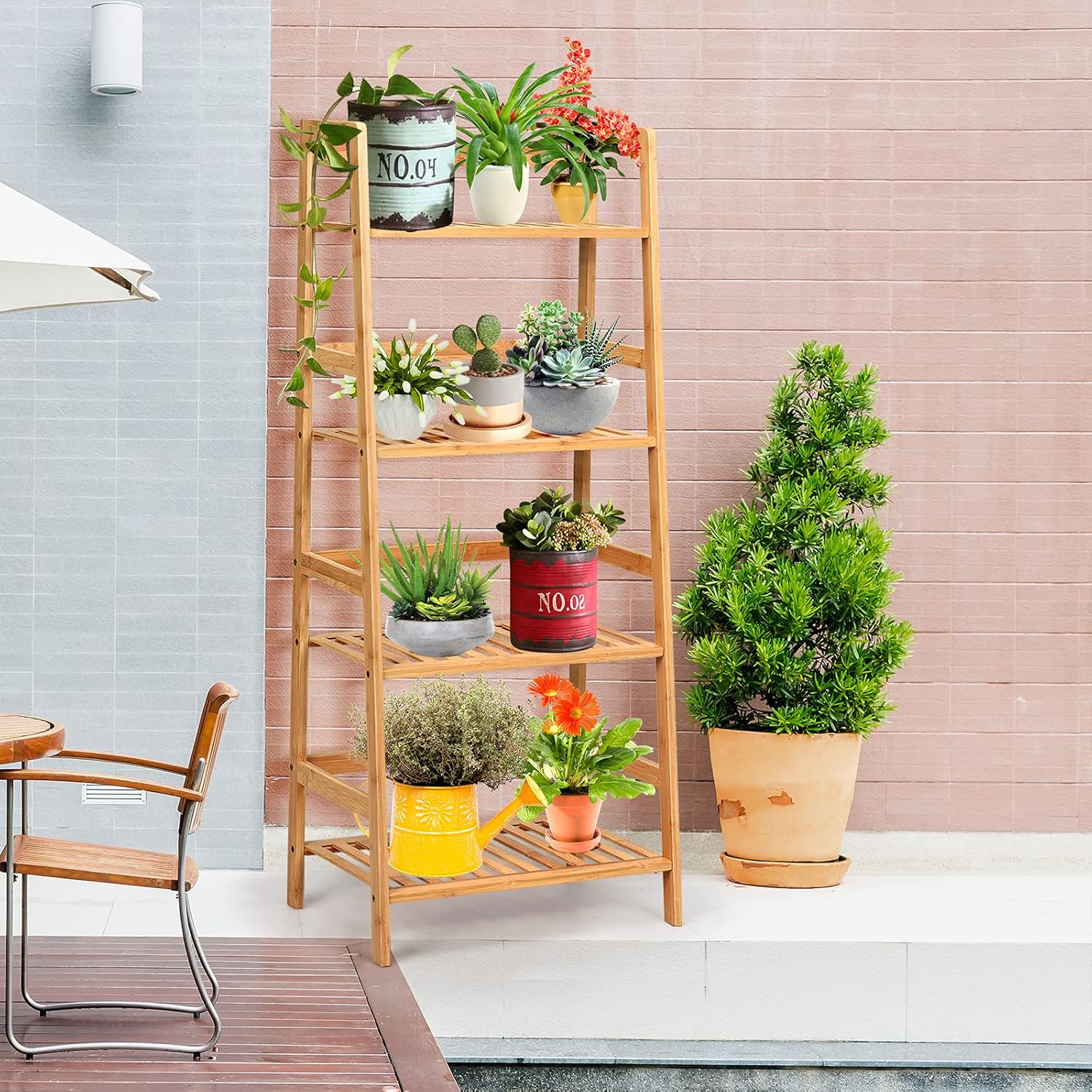 Étagère de Rangement à 4 Niveaux, Bibliothèque Rustique à Structure Solide en Bambou, Support de Plantes Multifonctionnel pour Séjour, Bureau - 9