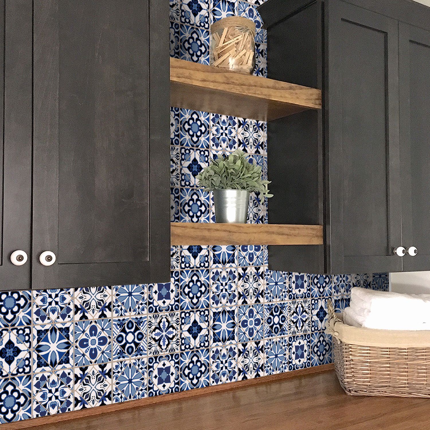 Lot de 24 stickers carrelage bleus style marocain, en PVC auto-adhésif et imperméable, adaptés aux cuisines, stickers de 15*15 cm - 4