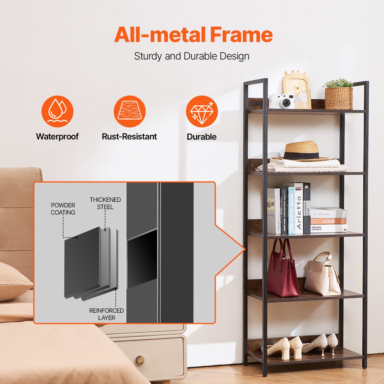 Estante Metal,SucceBuy 5 Níveis,Estante Industrial Alta,Armazenamento Vintage Rústico com Prateleiras Abertas,Estante Autônomo para a Sala Estar - 6