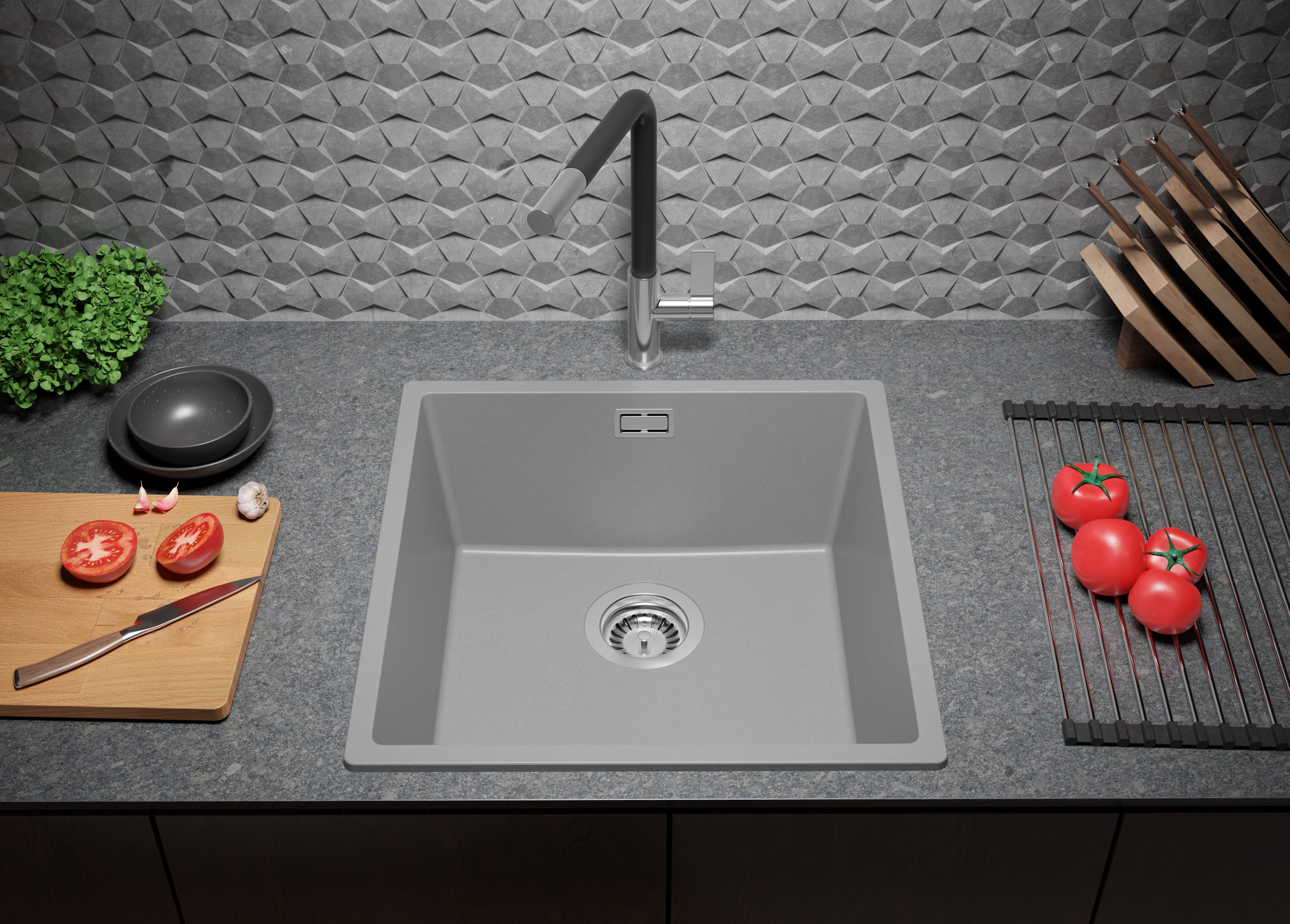Evier Cuisine en Granit Gris 46x47cm, Lavabo 1 bac + Kit de Vidage, Évier à Encastrer au meuble 50cm - London Slim PRIMAGRAN - 3