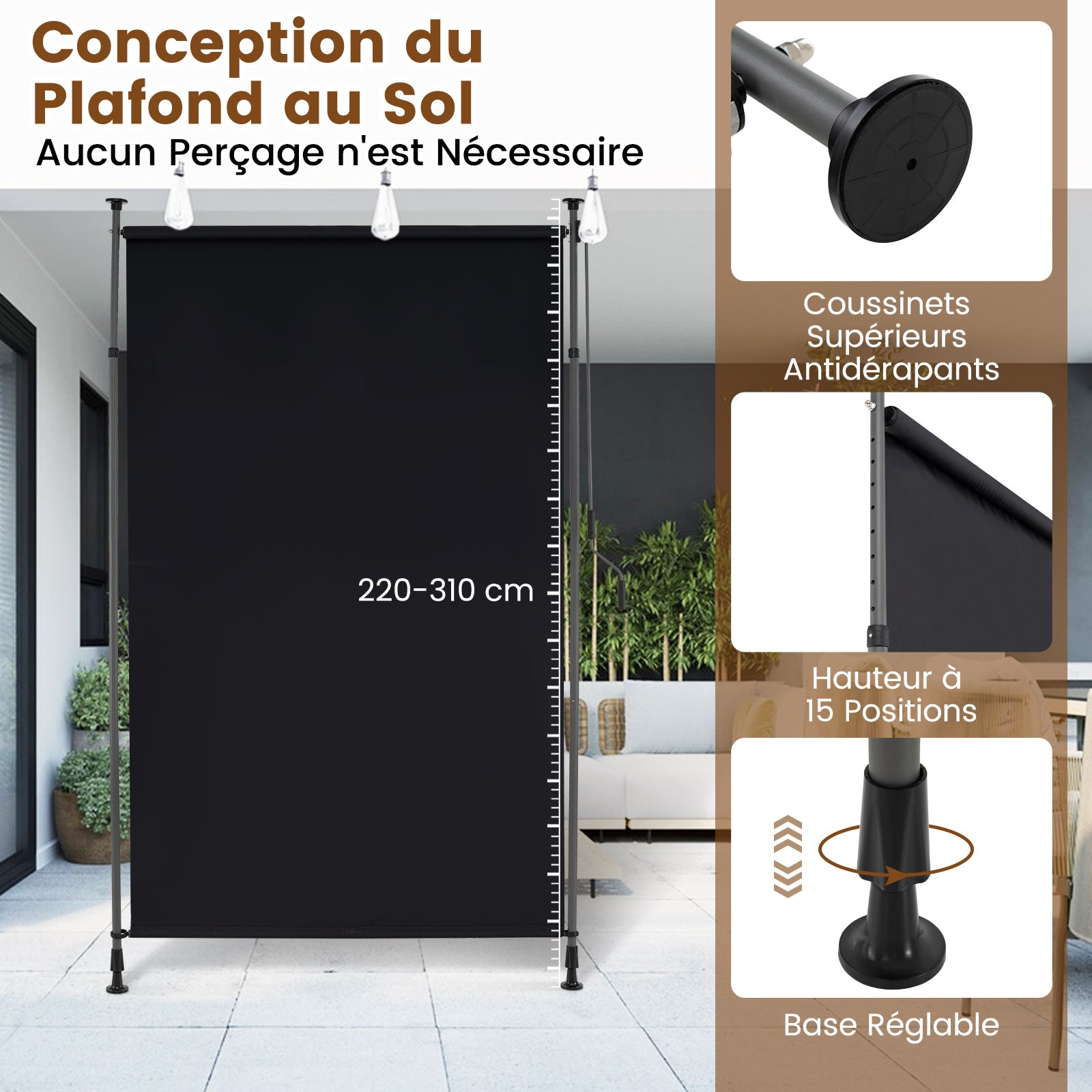 Store Auvent Vertical Manivelle Hauteur Réglable 150 X 220-310 CM, Store Extérieur Rétractable Sans Perçage, Écran Intimité pour Balcon, Noir - 6