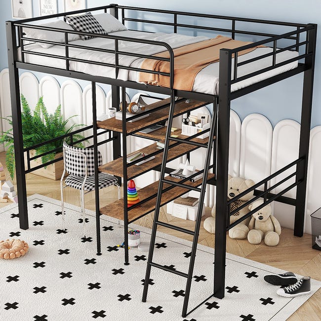 Letto A Soppalco 90x200 Cm Con Scrivania - Telaio In Ferro, Ringhiera, Scala, Per Bambini Dai 6 Anni - Foto 9