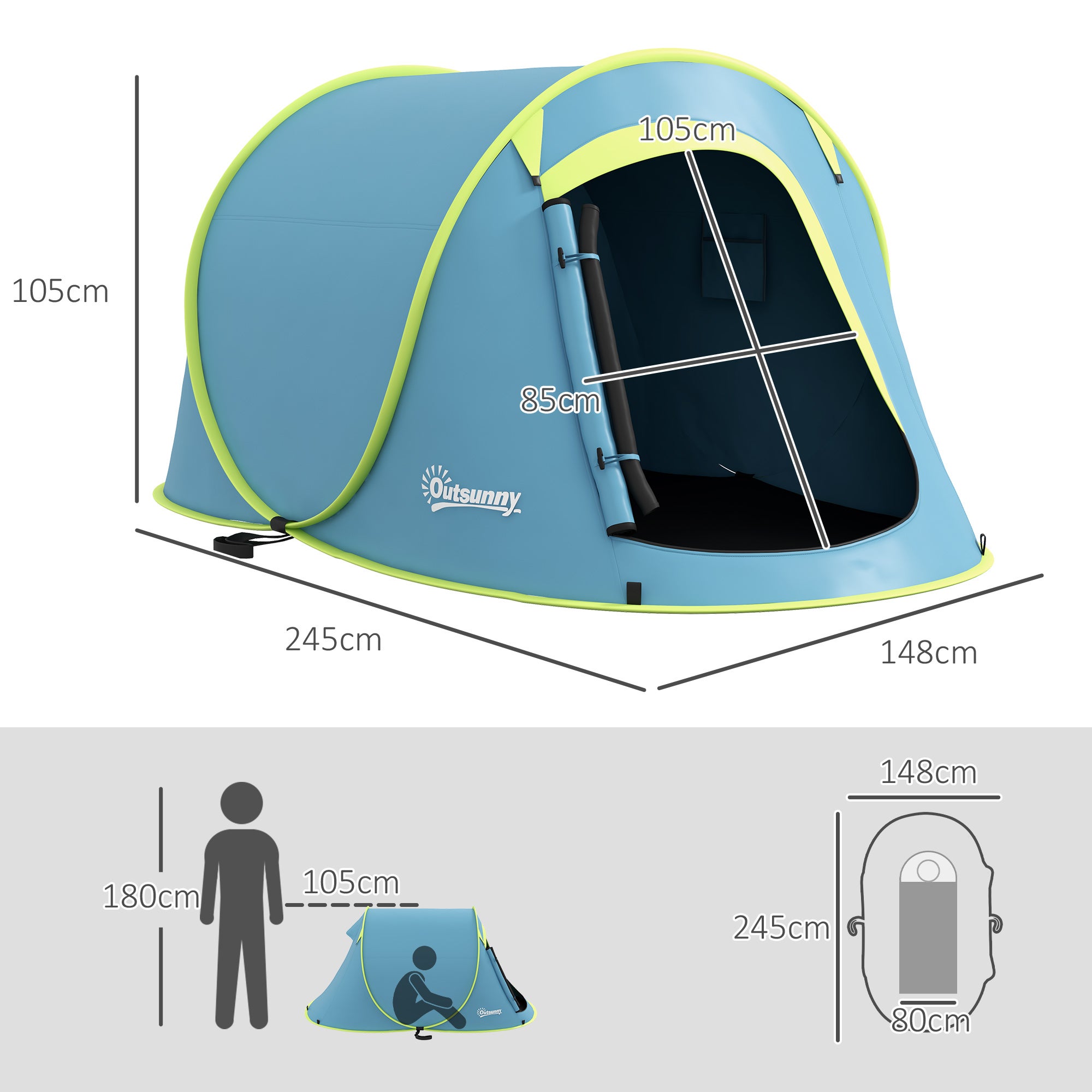 Tente de camping 2-3 personnes étanche 2000 mm avec sac de transport pour la randonnée 245x148x105 cm Bleu - 5