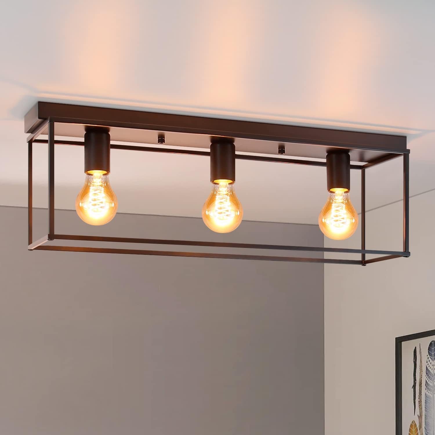 NETTLIFE Lampa sufitowa 3 żarówki E27 maks. 25W Vintage Black Metal Industrial Hallway Light Lampa do salonu, kuchni, bez żarówki