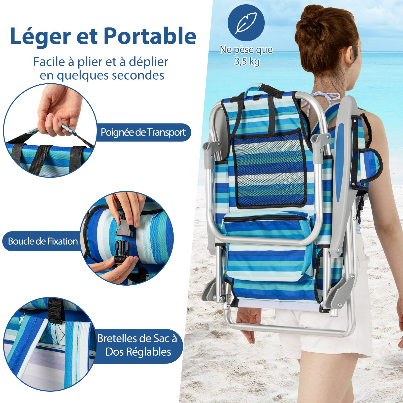 Lot de 2 Chaise de Plage Pliable, Cadre Léger en Aluminium, Chaise Basse avec Dossier Réglable en 4 Positions, Sac Isotherme, pour Camping - 7