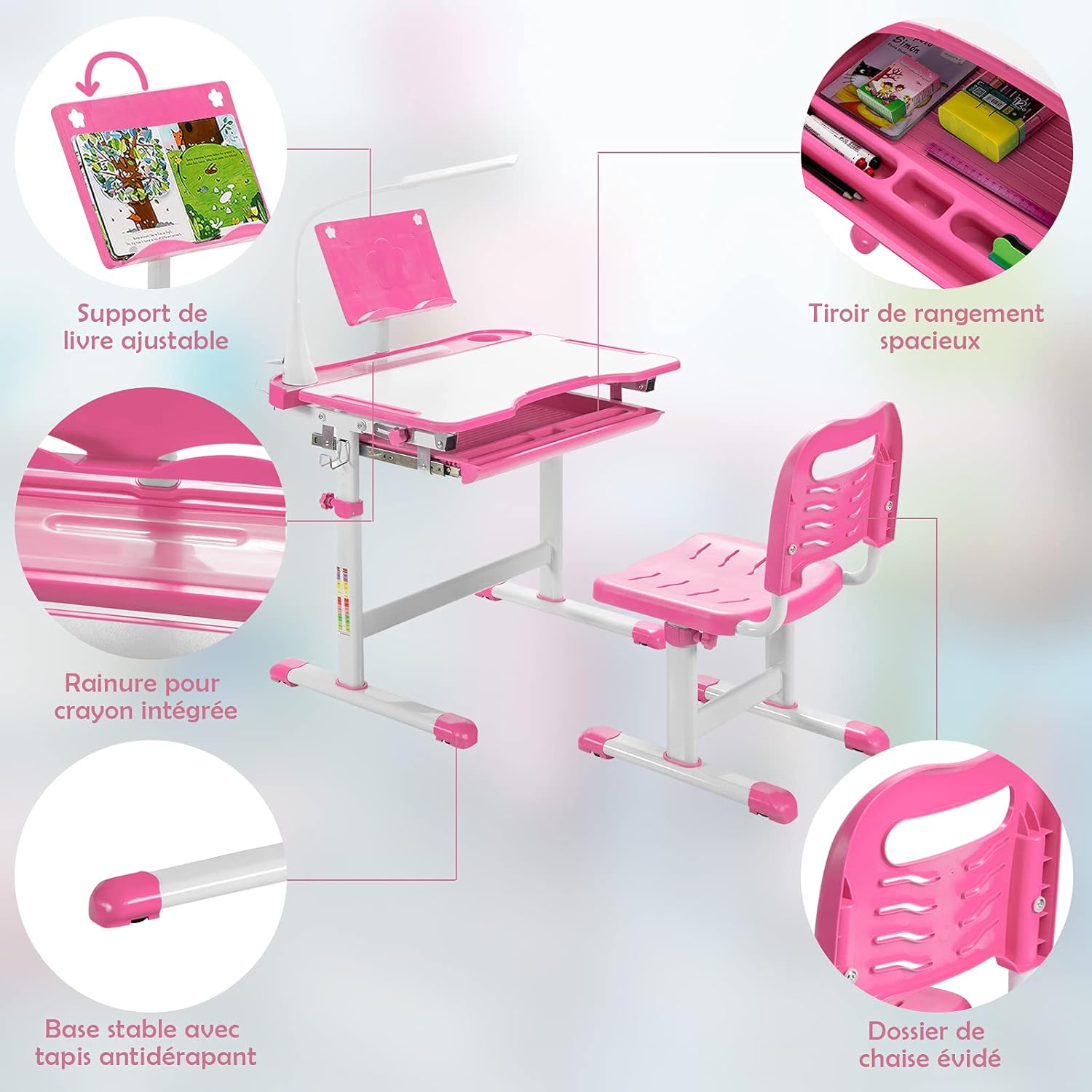 Bureau Enfant,Ensemble Table et Chaise pour Enfants avec Lampe, Plaque