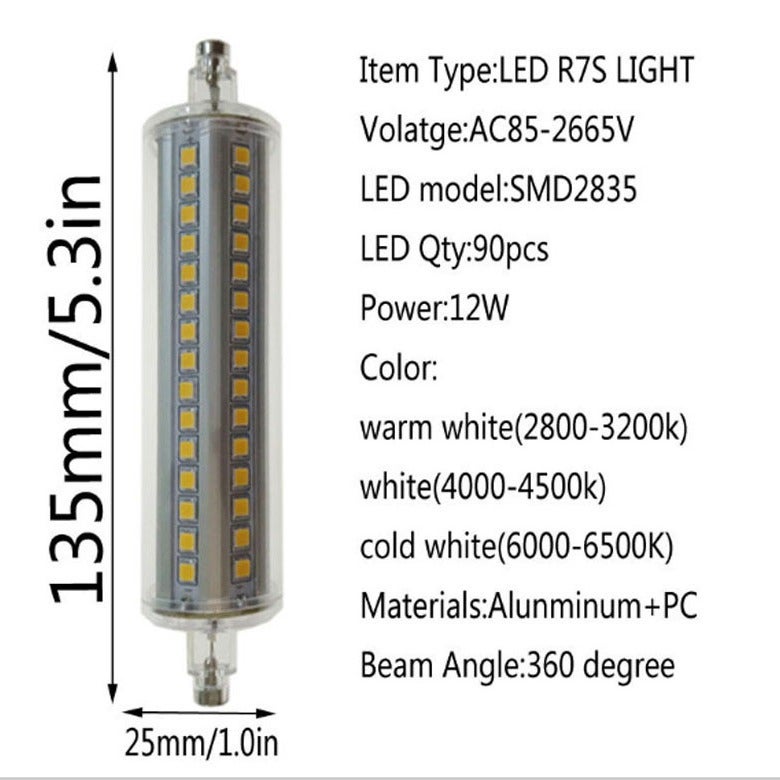 Żarówka LED R7S ściemnialna AC 85-265V biała, 135mm, 12W, zamiennik lampy halogenowej