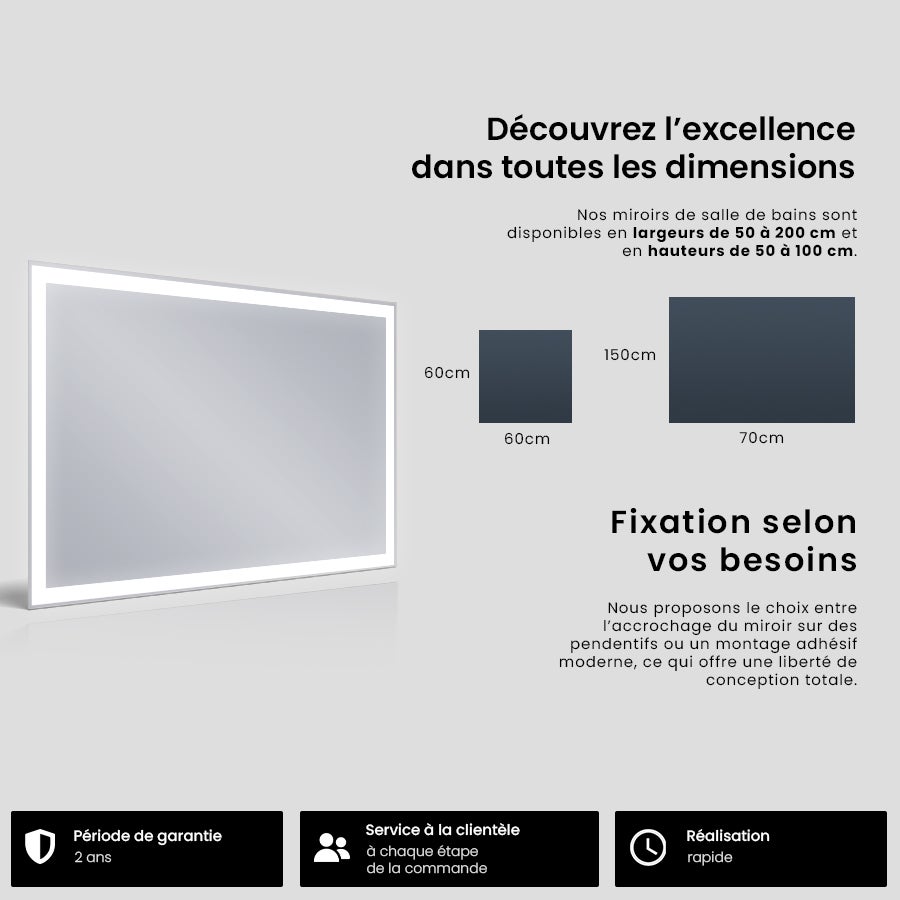 Miroir de salle de bain lumineux - AURORA - Miroir 130x60cm rectangulaire - Miroir LED salle de bain avec eclairage - Blanc Froid 7000K (LED001) - 7