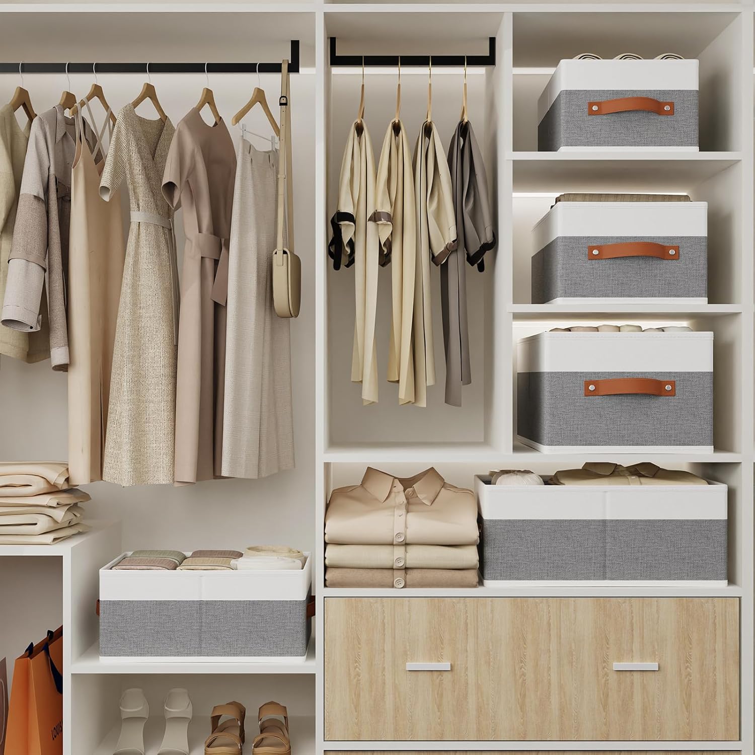4 x Folding Storage Boxes with 2 Handles, Fabric Storage Box, Storage Box for Clothes, Grey – White, 33 x 23 x 14 cm - 2