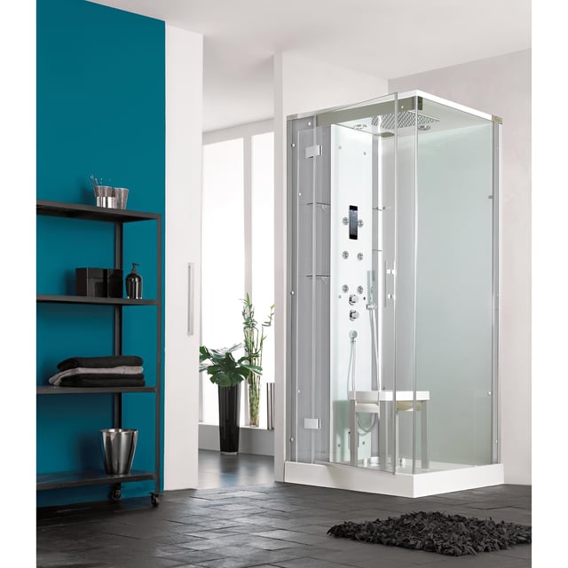Cabina de ducha de acero Horizon C90 con puerta pivotante, hidro-hammam, 90x90 cm, plato de ducha de 12,5 cm