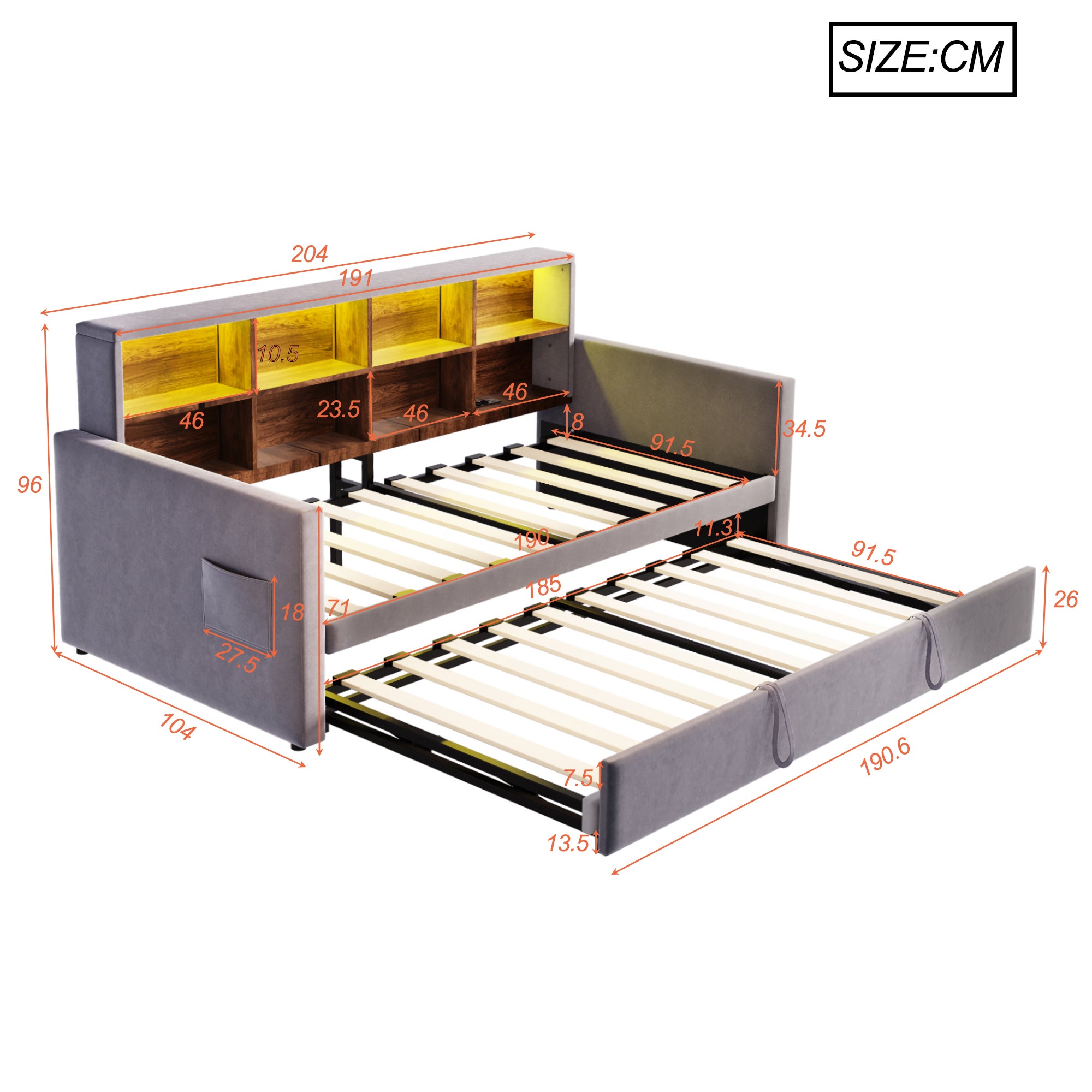 Rozkładana sofa z poduszkami 90x190cm - z oświetleniem LED - z gniazdem ładowania - z wysuwane łóżko - tkanina welurowa - Ciemnoszary - 5