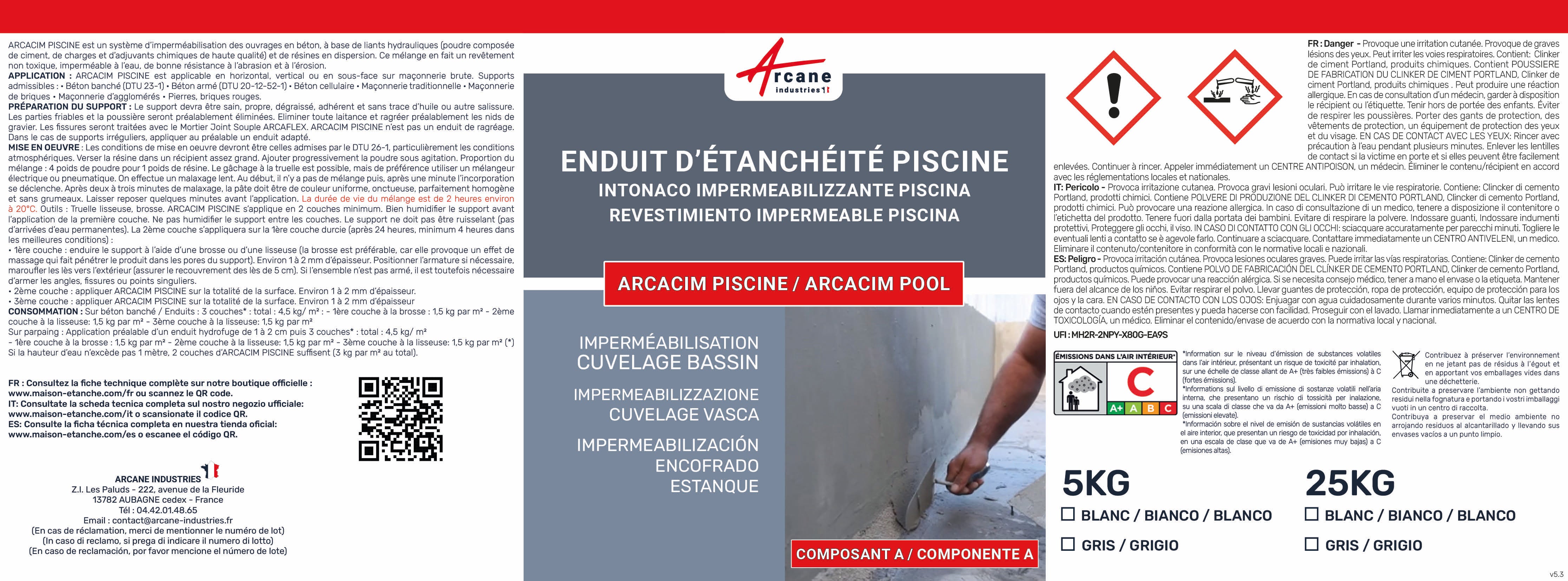 Enduit piscine, enduit de cuvelage, enduit hydrofuge pour étanchéité piscine - 25 kg Blanc - ARCANE INDUSTRIES - 7