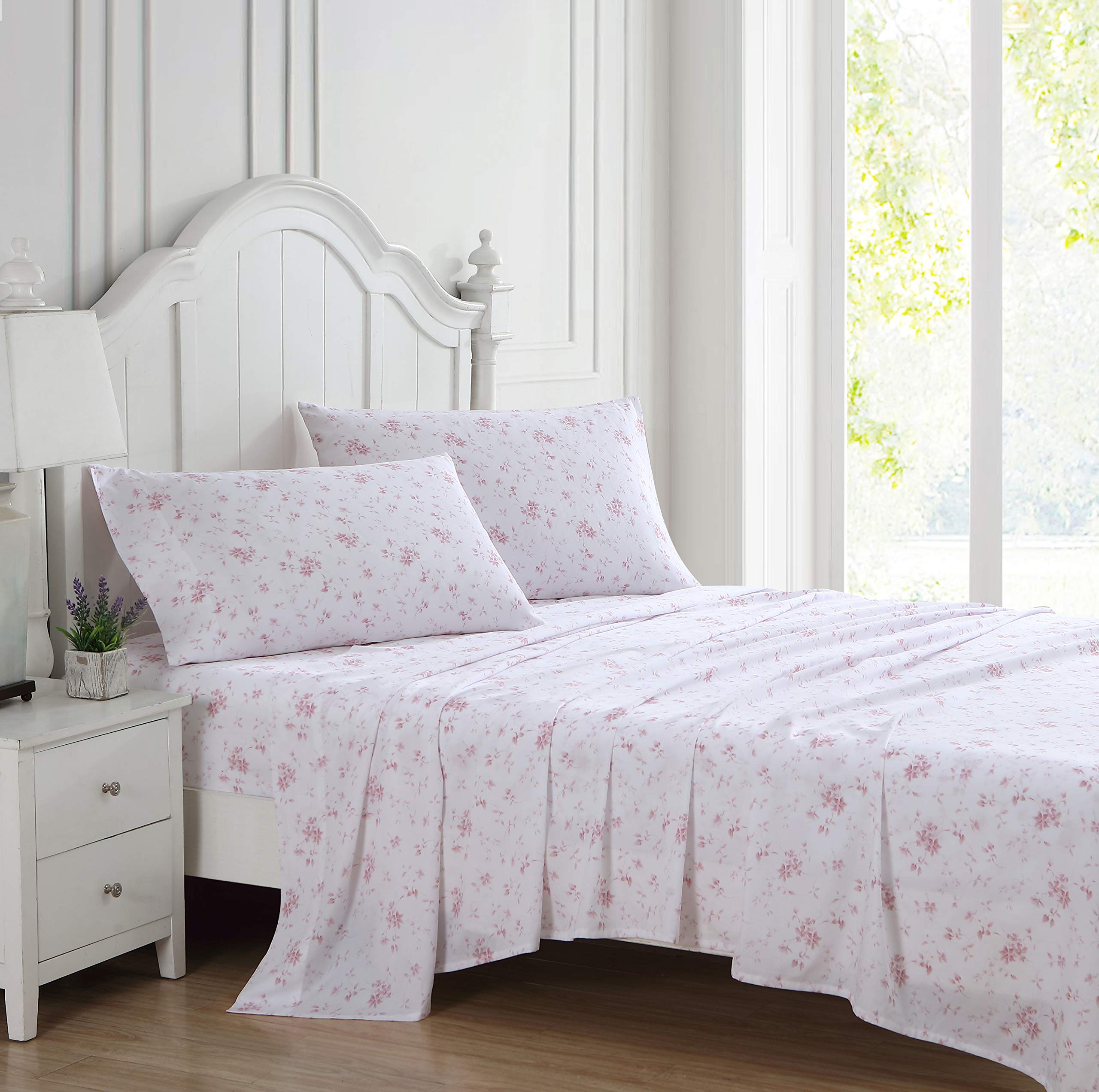 Laura Ashley Home Set Letto King Size In Cotone Rasatello 300 Fili - Motivo Foglie Indaco Lavanda - 4 Pezzi