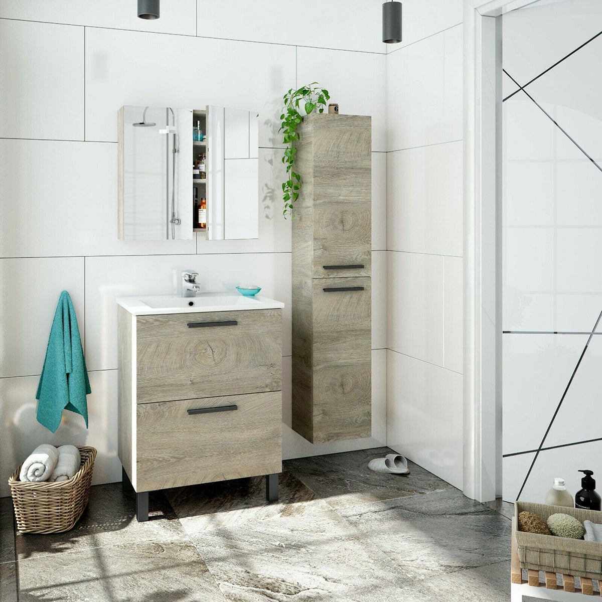 Colonne salle de bain Suspendue avec 2 Portes coloris Alaska chêne à nœuds - Hauteur 150 x Longueur 30 x Profondeur 25 cm - 3