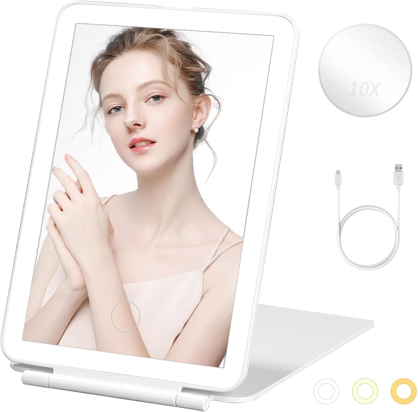 Coiffeuse Avec Miroir Miroir Maquillage Lumineux LED 15 Lumières - 3 Modes Lumière, USB, Miroir Grossissant 5x - Blanc Accessoire Beauté Avec Port USB
