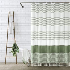 Tenda Doccia In Tessuto Grigio Con Foglie – Motivo Bohémien Trapuntato, 183x183 Cm, Con Ganci