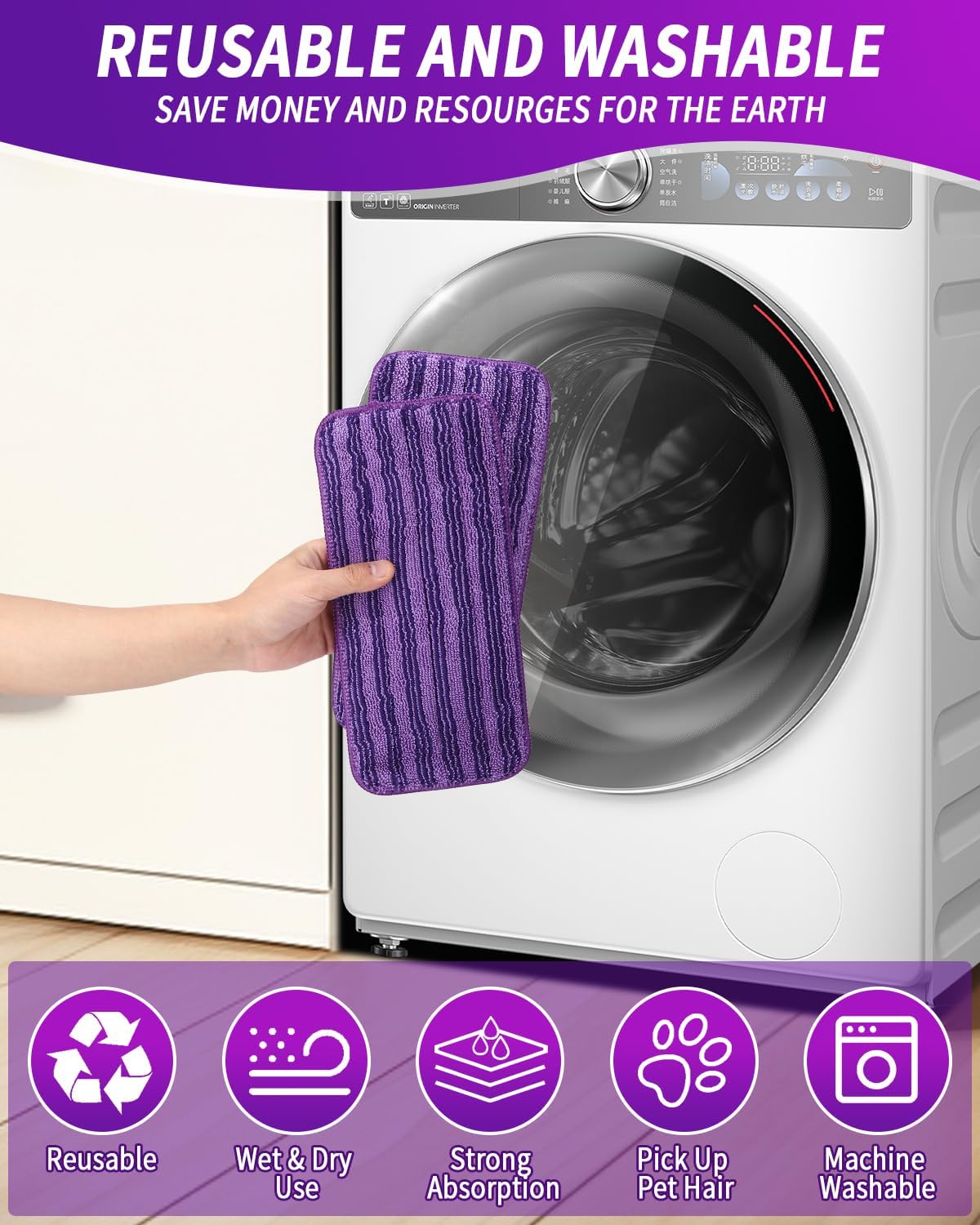 6 paquetes de toallitas reutilizables para Swiffer WetJet de 30 x 14 cm, almohadillas de microfibra para fregona, repuestos de almohadillas de microfi - 3