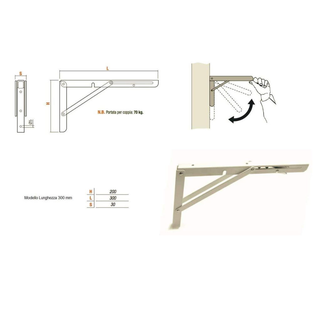 Staffe Pieghevoli Per Mensole - 2 Pezzi, 30cm, Acciaio, Portante, Per Garage/Cucina - Foto 8
