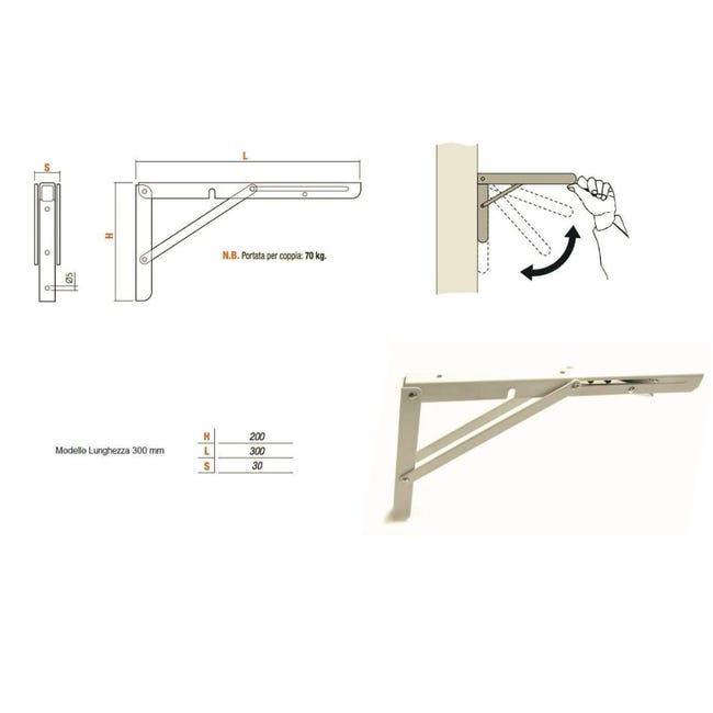 Staffe Pieghevoli Per Mensole - 2 Pezzi, 30cm, Acciaio, Portante, Per Garage/Cucina - Foto 8