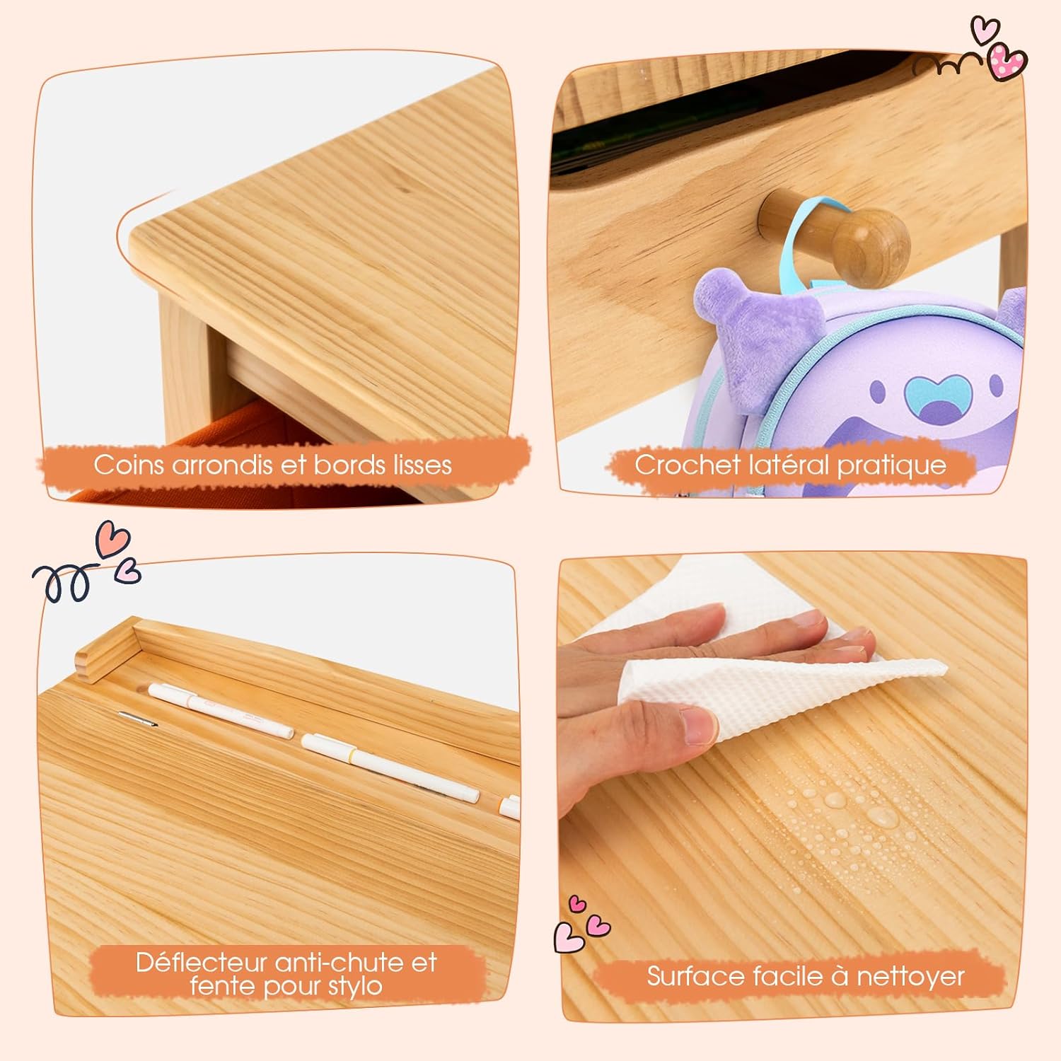 Set Tavolo e Sedia per Bambini, Scrivania Ribaltabile con Sedia per Bambini in Legno, con Cassetto e Gancio Estraibile, Bianco/Naturale (Natur - 4