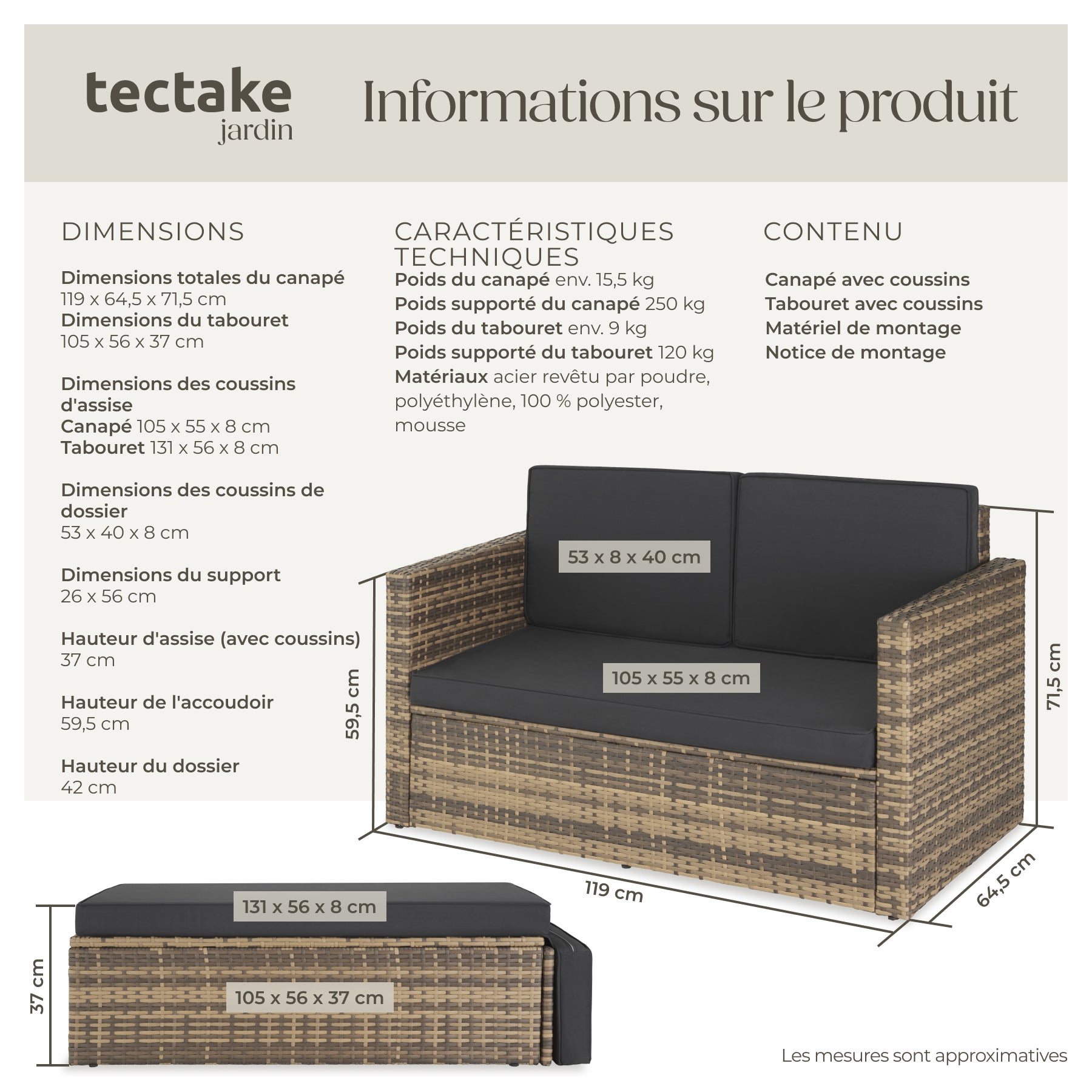 Canapé de jardin en résine tressée, modulable, robuste, résistant UV, coussins déhoussables, nature TECTAKE - 6