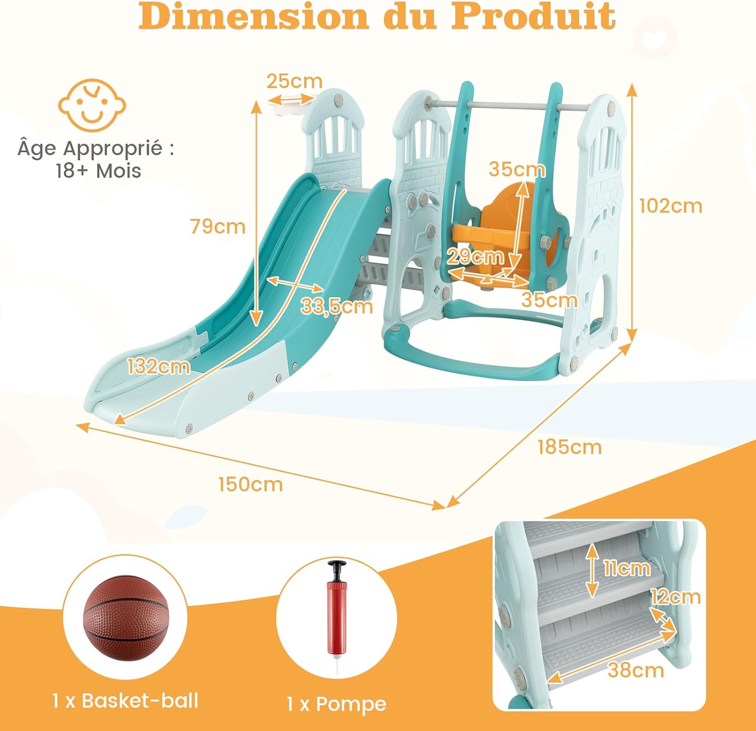 4 en 1 Toboggan Enfant Pliable avec Balançoire Réglable & Panier de Basketball, avec Échelle d’Escalade & Ballon, Charge 30kg pour 18 Mois+ - 5
