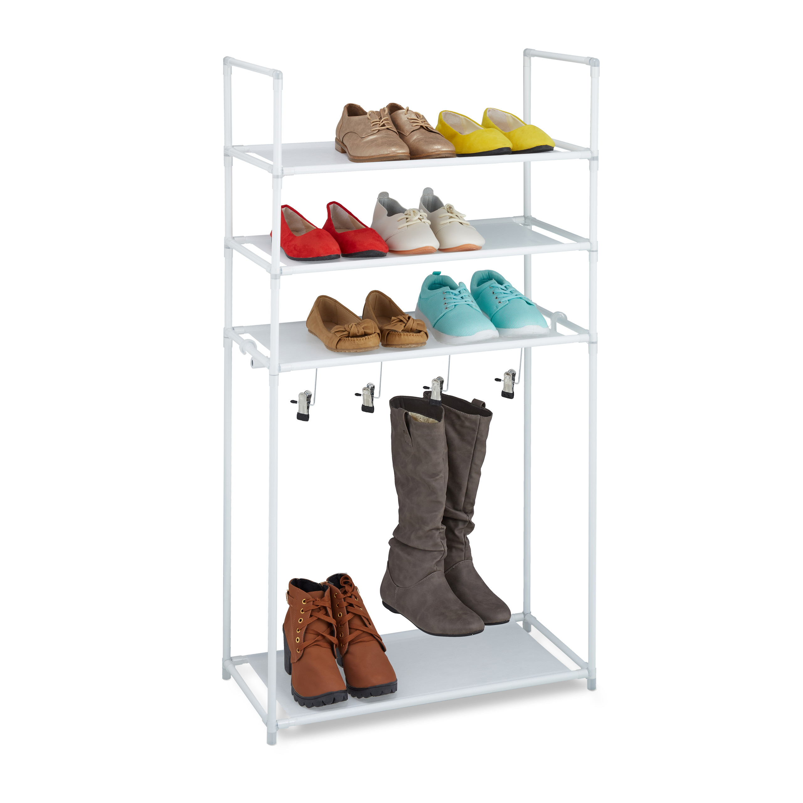 Relaxdays Scarpiera Con Porta Stivali, 8 Ripiani Per 32 Scarpe Scaffale Portascarpe 7 Ganci Metallo E Stoffa Bianco 85324737