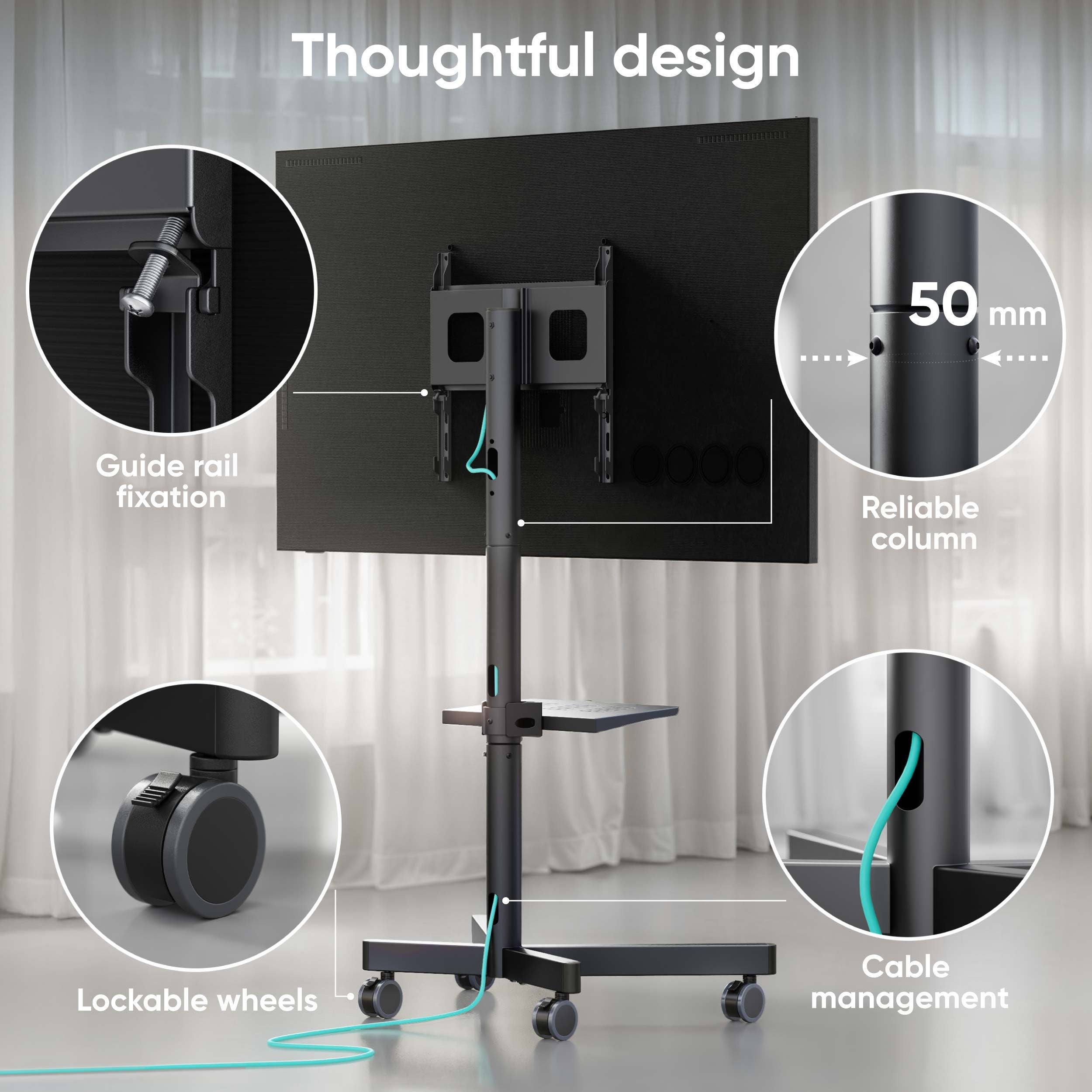 ONKRON Pied TV Universel Roulettes pour Ecran 23-60 Pouces, Support TV jusqu'à 40 kg Mobile sur Pied Max VESA 400x400 / Hauteur Réglable TS1137-B Noir - 5