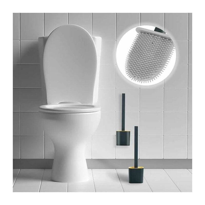 Brosse de toilette, silicone, avec support mural, design amovible, facile à utiliser et à nettoyer, TPR (noir) - 2