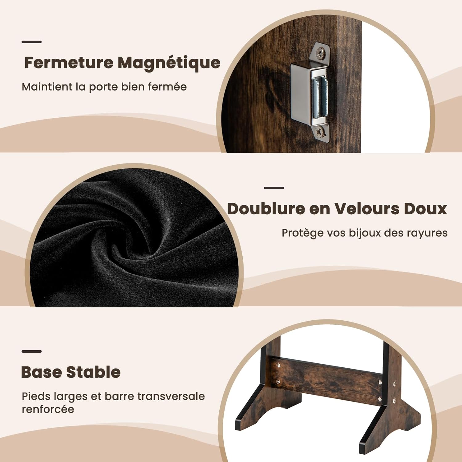 Armoire à Bijoux sur Pied avec Miroir Inclinable en 3 Positions, Convient pour Salon, Chambre et Porche (Marron Rustique) - 7