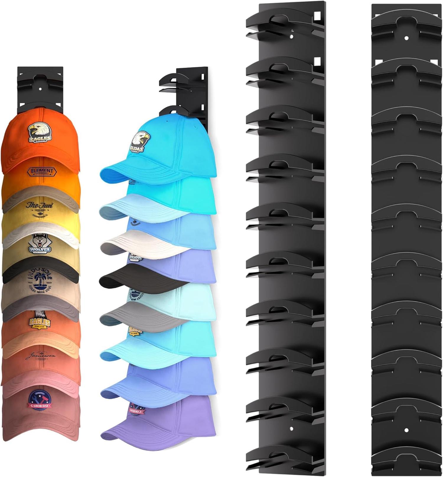 Lot 3 Supports Muraux Casquettes Baseball – Sans Installation Perçage Optionnel, Range 24 Casquettes, Noir